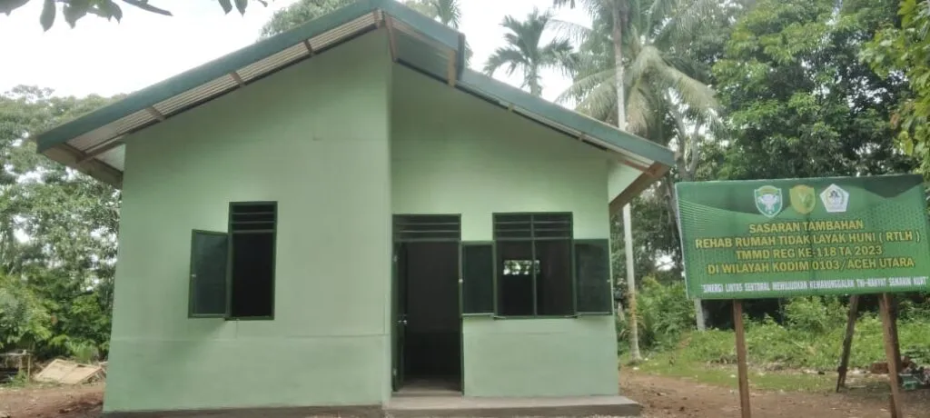 pembangunan Rumah Tidak Layak Huni dalam program TMMD Reguler ke 118 Kodim 0103/Aceh Utara tahun 2023 sudah selesai 100 persen.