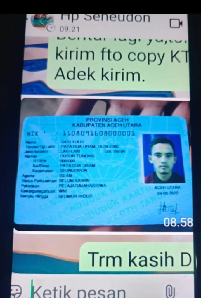 Bukti Srencshot KTP yang sudah hilang digunakan oleh Pelaku untuk penipuan